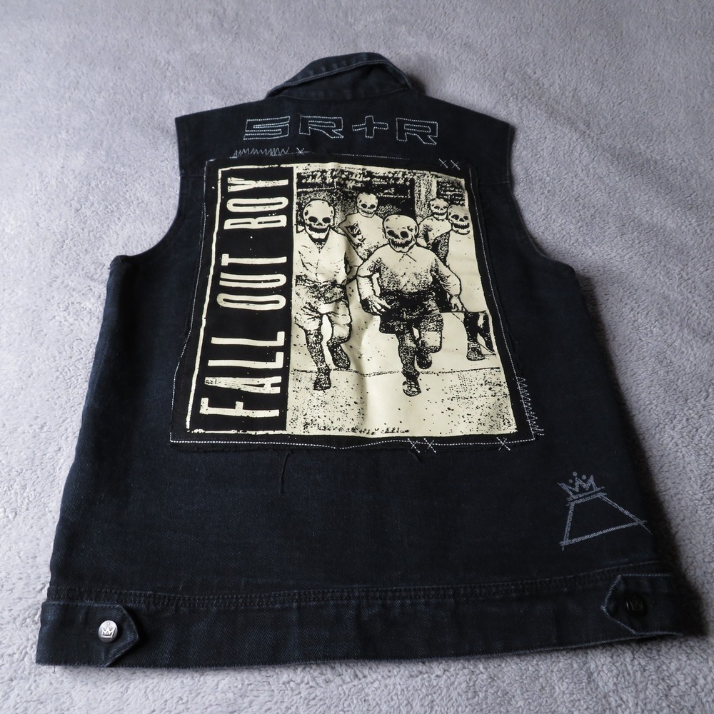 Fall Out Boy Black Denim Band Vest Skeleton Boys Back Patch Mens Small FOB Rock